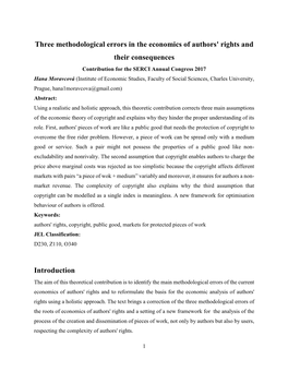 Three Methodological Errors in the Economics of Authors' Rights and Their Consequences Introduction
