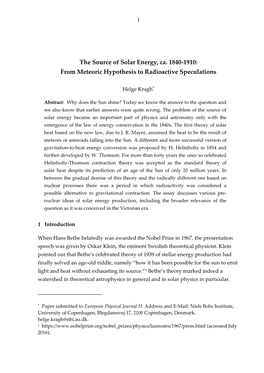 The Source of Solar Energy, Ca. 1840-1910: from Meteoric Hypothesis to Radioactive Speculations