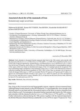 Annotated Check-List of the Mammals of Iran Komentovaný Soupis Savců Iranu