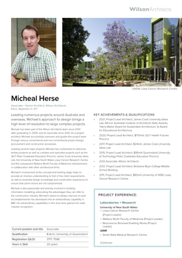 Micheal Herse Associate + Senior Architect, Wilson Architects B.Arch., Registration No