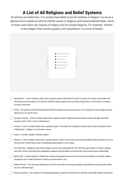 A List of All Religions and Belief Systems 81 Entries Are Listed Here