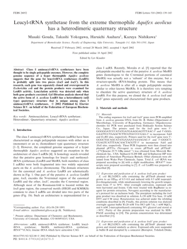 Leucyl-Trna Synthetase from the Extreme Thermophile Aquifex Aeolicus Has a Heterodimeric Quaternary Structure