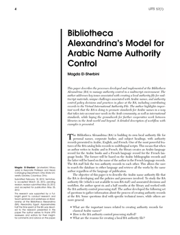 Bibliotheca Alexandrina's Model for Arabic Name Authority Control