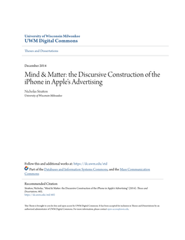 The Discursive Construction of the Iphone in Apple's Advertising Nicholas Stratton University of Wisconsin-Milwaukee