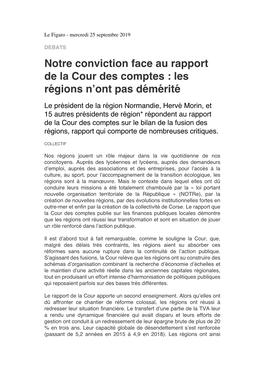 Notre Conviction Face Au Rapport De La Cour Des Comptes : Les Regionś N’Ont Pas Deḿ Erit́ E ́