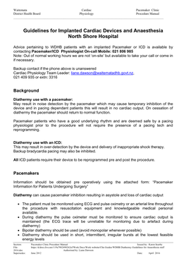 Guidelines for Implanted Cardiac Devices and Anaesthesia North Shore Hospital