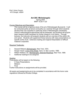 Art 365: Michelangelo Spring 2000 MWF 10:20-11:20