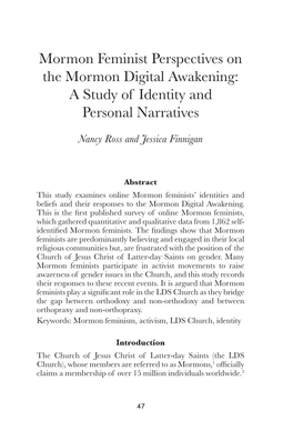Mormon Feminist Perspectives on the Mormon Digital Awakening: a Study of Identity and Personal Narratives