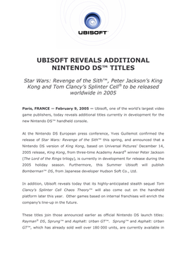 Ubisoft Reveals Additional Nintendo Ds™ Titles