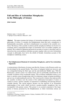 Fall and Rise of Aristotelian Metaphysics in the Philosophy of Science