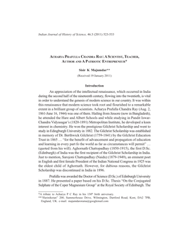 Historical Notes: Acharya Prafulla Chandra Ray: a Scientist, Teacher, Author and a Patriotic Entrepreneur