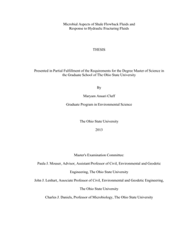 Microbial Aspects of Shale Flowback Fluids and Response to Hydraulic Fracturing Fluids THESIS Presented in Partial Fulfillment