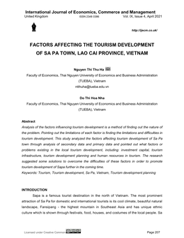 Factors Affecting the Tourism Development of Sa Pa Town, Lao Cai Province, Vietnam