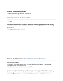 Ultrahydrophobic Surfaces : Effects of Topography on Wettability