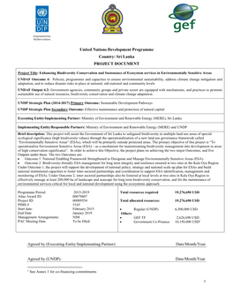 United Nations Development Programme Country: Sri Lanka PROJECT DOCUMENT Agreed by (Executing Entity/Implementing Partner)