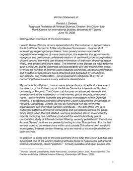 Ronald J. Deibert Associate Professor of Political Science, Director, the Citizen Lab Munk Centre for International Studies, University of Toronto June 18, 2008