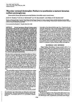 Macular Corneal Dystrophy: Failure to Synthesize a Mature Keratan Sulfate Proteoglycan