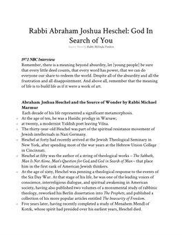 Rabbi Abraham Joshua Heschel: God in Search of You Source Sheet by R Abbi Melinda Panken