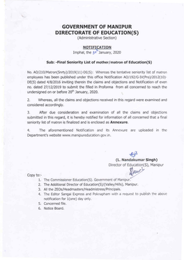 GOVERNMENT of MANIPUR DIRECTORATE of EDUCATION(S) (Administrative Section)