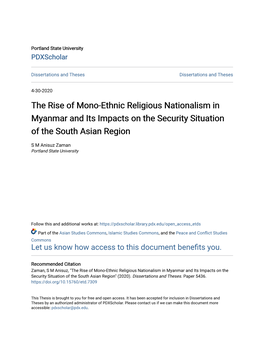 The Rise of Mono-Ethnic Religious Nationalism in Myanmar and Its Impacts on the Security Situation of the South Asian Region