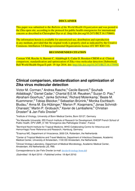 Clinical Comparison, Standardization and Optimization of Zika Virus Molecular Detection [Submitted]