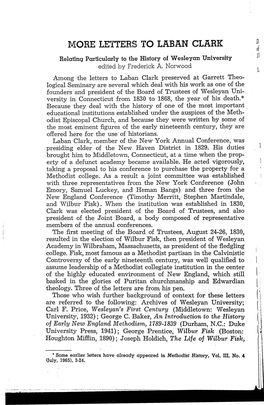 MORE LETTERS to LABAN CLARK D, of Relating Particularly to the History of Wesleyan Uniyersity 11 Edited by Frederick A