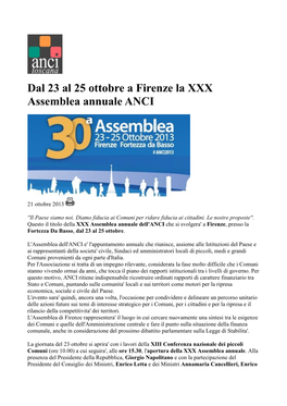 Dal 23 Al 25 Ottobre a Firenze La XXX Assemblea Annuale ANCI