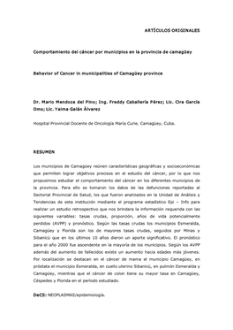 ARTÍCULOS ORIGINALES Comportamiento Del Cáncer Por Municipios En La Provincia De Camagüey Behavior of Cancer