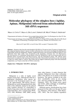 Molecular Phylogeny of the Stingless Bees (Apidae, Apinae, Meliponini) Inferred from Mitochondrial 16S Rdna Sequences