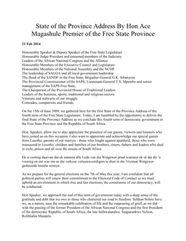 State of the Province Address by Hon Ace Magashule Premier of the Free State Province