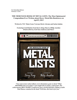 THE MERCILESS BOOK of METAL LISTS: the Most Opinionated Compendium Ever Written About Heavy Metal Hits Bookstores on April 9, 2013