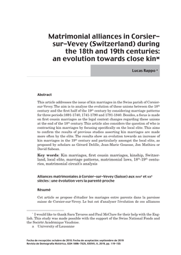 Sur-Vevey (Switzerland) During the 18Th and 19Th Centuries: an Evolution Towards Close Kin*