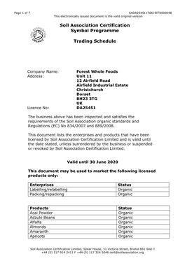 Soil Association Certification Symbol Programme Trading Schedule