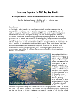 Swarth, C. Et Al. Summary Reliort of 2009 Jug Bay Bioblitz. 2010