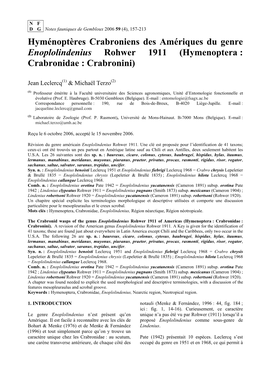 Hyménoptères Crabroniens Des Amériques Du Genre Enoplolindenius Rohwer 1911 (Hymenoptera : Crabronidae : Crabronini)