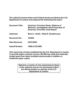 American Terrorism Study: Patterns of Behavior, Investigation and Prosecution of American Terrorists, Final Report