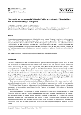 Zootaxa, Edwardsiid Sea Anemones of California (Cnidaria: Actiniaria