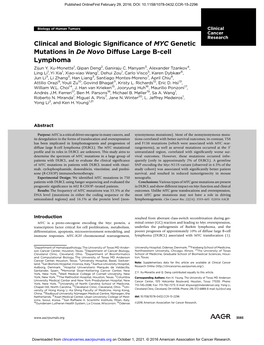 Clinical and Biologic Significance of MYC Genetic Mutations in De Novo Diffuse Large B-Cell Lymphoma