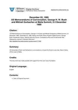 December 02, 1989 US Memorandums of Conversation, George H. W. Bush and Mikhail Gorbachev at Malta Summit, 2-3 December 1989