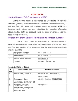 CONTACTS Control Room (Toll Free Number 1077)