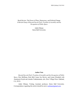 The Power of Place, Democracy, and Political Change a Review Essay of Beyond Zucotti Park: Freedom of Assembly and the Occupation of Public Space