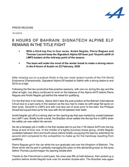 8 Hours of Bahrain: Signatech Alpine Elf Remains in the Title Fight