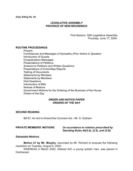 Daily Sitting 54, Thursday, June 17, 2004, Order and Notice Paper