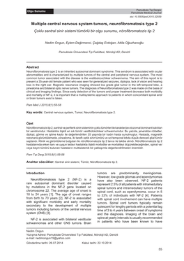 Multiple Central Nervous System Tumors, Neurofibromatosis Type 2 Çoklu Santral Sinir Sistemi Tümörlü Bir Olgu Sunumu, Nörofibromatozis Tip 2