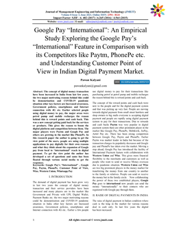 Google Pay “International”: an Empirical Study Exploring the Google Pay’S “International” Feature in Comparison with Its Competitors Like Paytm, Phonepe Etc