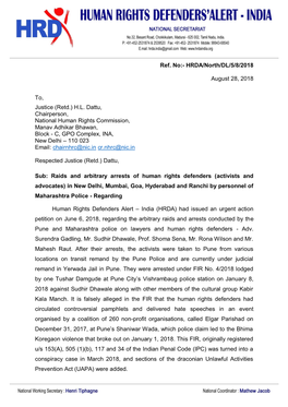 HRDA/North/DL/5/8/2018 August 28, 2018 To, Justice (Retd.) HL Dattu