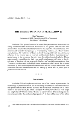 The Binding of Satan in Revelation 20 * * *