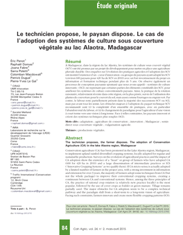 Le Technicien Propose, Le Paysan Dispose. Le Cas De L'adoption Des Systèmes De Culture Sous Couverture Végétale Au Lac Alaotra, Madagascar