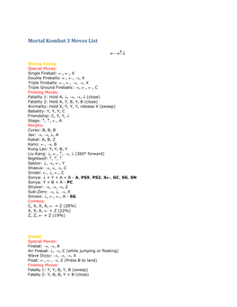 Mortal Kombat 3 Moves List