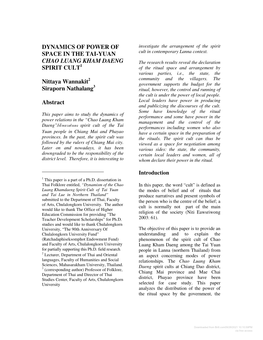 DYNAMICS of POWER of SPACE in the TAI-YUAN CHAO LUANG KHAM DAENG SPIRIT CULT Nittaya Wannakit Siraporn Nathalang Abstract